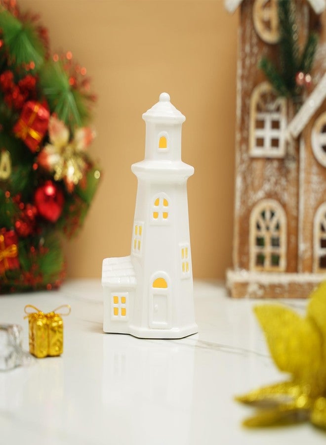 Luxstyra White Ceramic Christmas Houses Lighthouse Lamp, Small Figurines for Ceramic Christmas Village,Light Up Xmas Houses with Timer, Xmas Lighthouse Decoration for Table Bookshelf Desk - Image 4